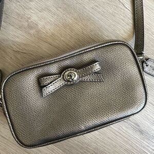 Coach Mini Turnlock Bow Double Zip Crossbody Purse Gunmetal Gray Silver F64655